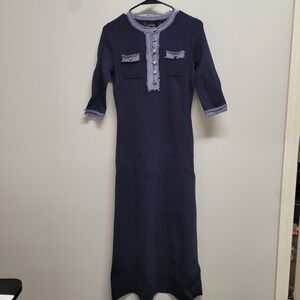 Aleeza Paris Navy Ribbed Knit Maxi Dress Denim Frayed Trim Gold Buttons Size S